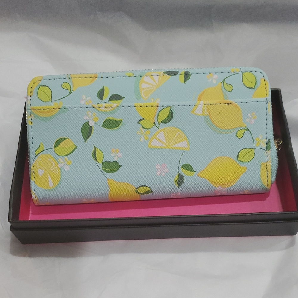Trina Turk blue yellow lemon print zip around wallet new